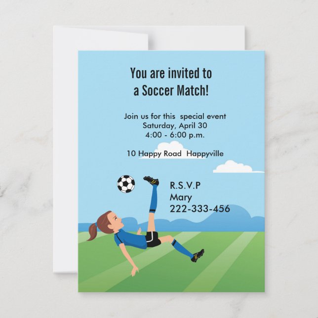 Einladung von Mädchen zum Fußball mit Illustration (Vorderseite)