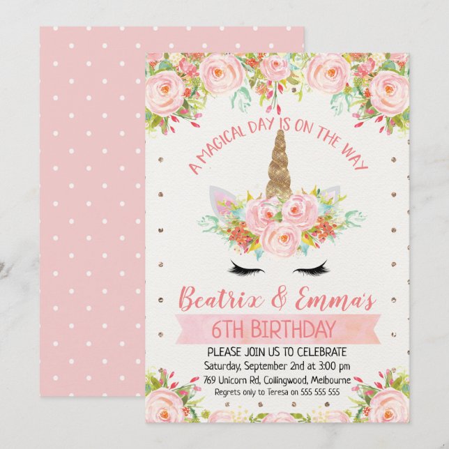 Einladung von Mädchen zum Geburtstag (Vorne/Hinten)