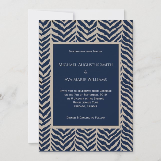 Einladung von Marine & Taupe Herringbone zur Hochz (Vorderseite)