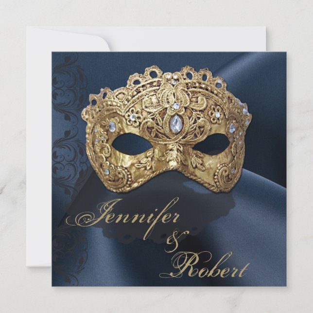 Einladung von Marine und Gold Masquerade Hochzeit (Vorderseite)