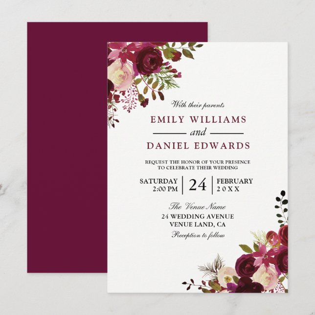 Einladung von Marsala Burgundy Red Floral Wedding (Vorne/Hinten)