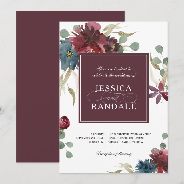 Einladung von Marsala Red and Navy Floral Wedding (Vorne/Hinten)