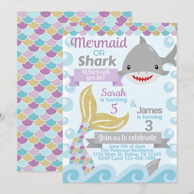 Einladung von Mermaid Shark Birthday Party (Vorne/Hinten)