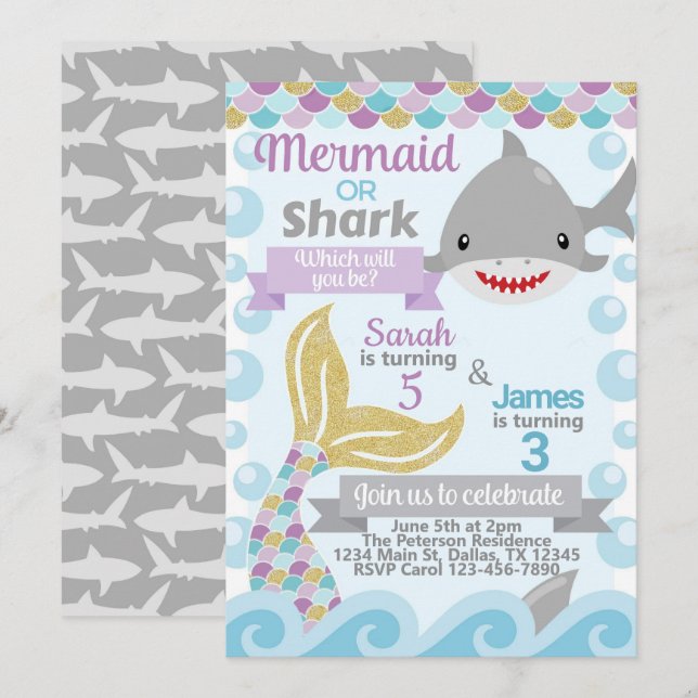 Einladung von Mermaid Shark Birthday Party (Vorne/Hinten)