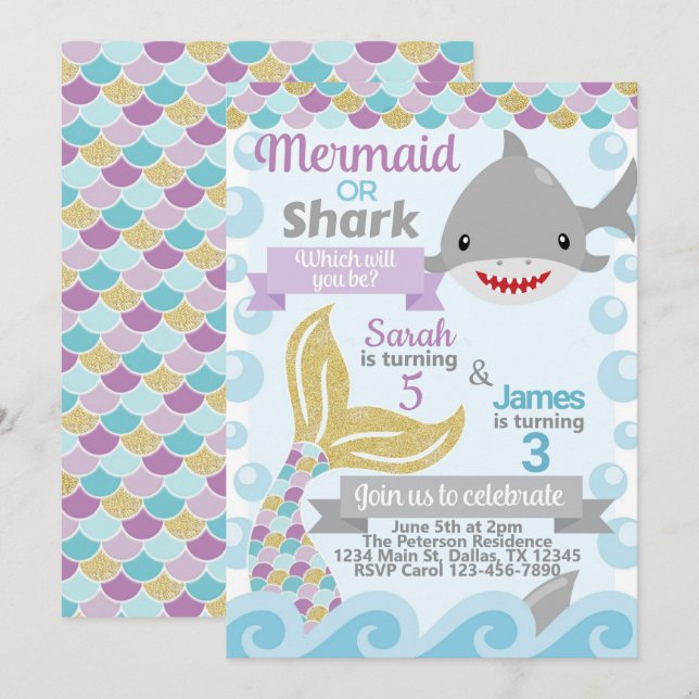 Einladung von Mermaid Shark Birthday Party (Vorne/Hinten)
