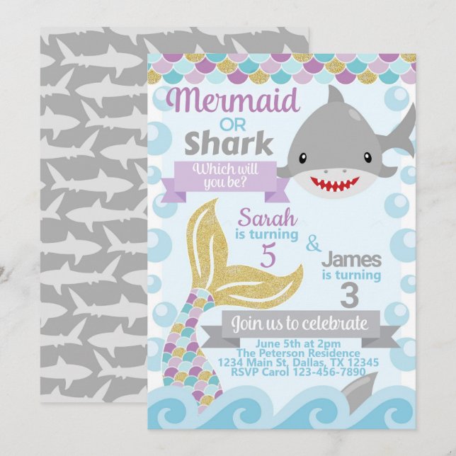 Einladung von Mermaid Shark Birthday Party (Vorne/Hinten)