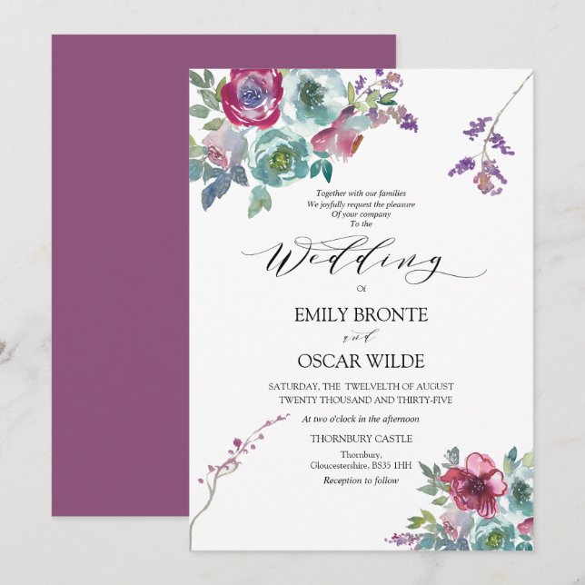 Einladung von Mint und Mauve Floral (Vorne/Hinten)