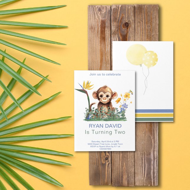 Einladung von Monkey Birthday (Safari Jungle Monkey Tropical Flowers Watercolor Balloons Green Yellow Blue Birthday Invitation)