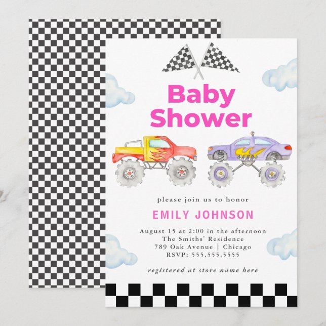 Einladung von Monster Truck Girl Babydusche (Vorne/Hinten)