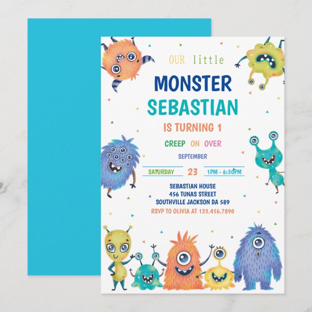 Einladung von Monster zum Geburtstag (Vorne/Hinten)