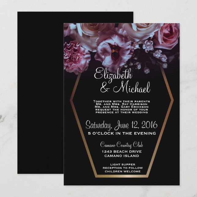 Einladung von Moody Floral & Black Wedding (Vorne/Hinten)