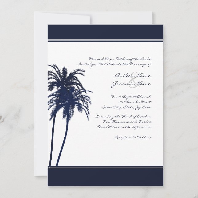 Einladung von Navy Blue und White Tropical Palms (Vorderseite)
