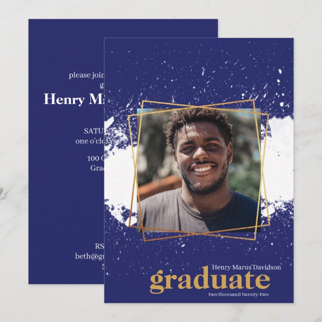 Einladung von Navy & Gold Funky Platsch Abschluss (Vorne/Hinten)