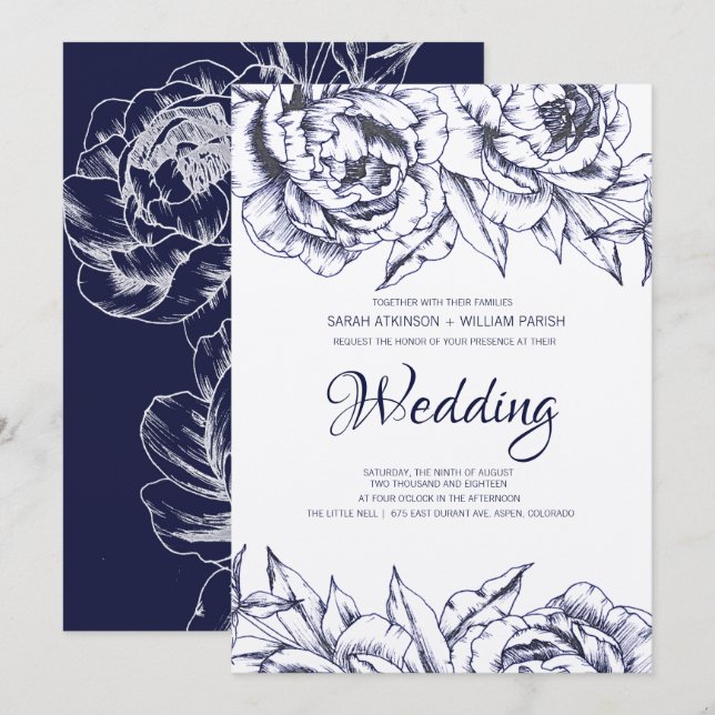 Einladung von Navy Peony Simple Wedding (Vorne/Hinten)