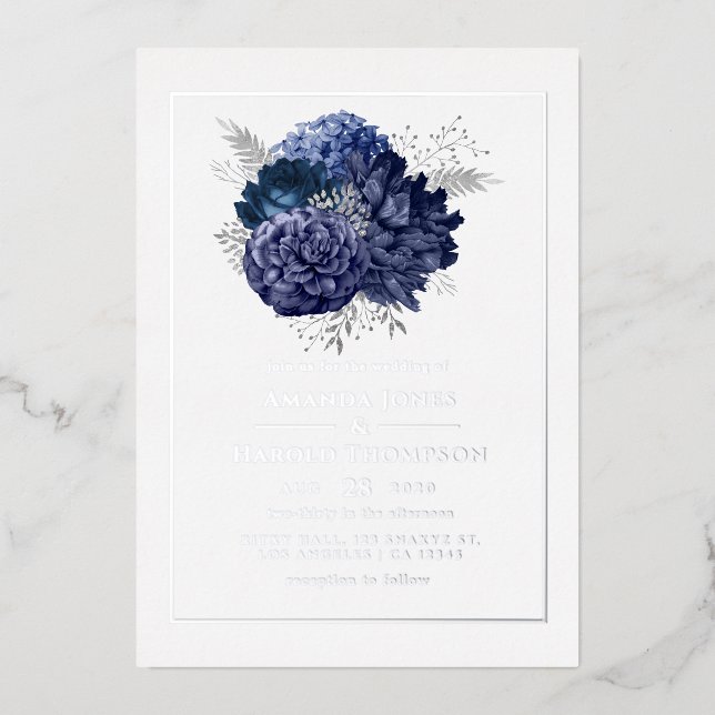Einladung von Navy und Silver Floral Wedding Foil (Vorderseite)