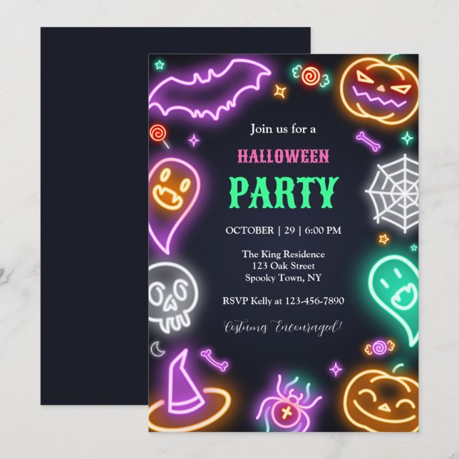 Einladung von Neon Halloween-Party (Vorne/Hinten)
