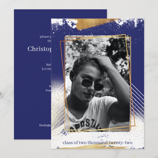 Einladung von niedlich Navy & Gold Gerahmt Abschlu (Vorne/Hinten)