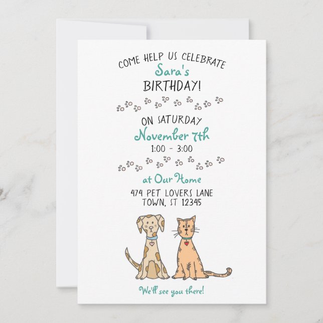 Einladung von niedlichen Hunden und Katzen zum Geb (Vorderseite)