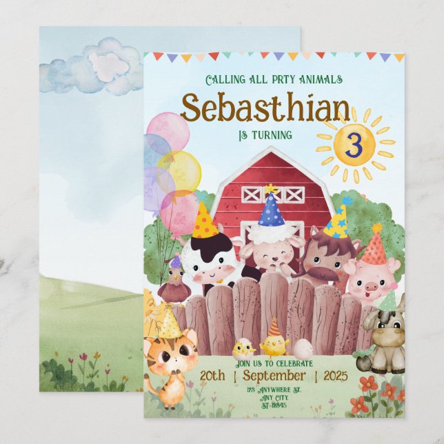 Einladung von Nutztieren zum Geburtstag (Vorne/Hinten)