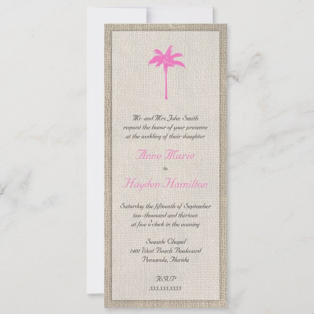 Einladung von Palm Tree & Burlap Hochzeit - Rosa (Vorderseite)