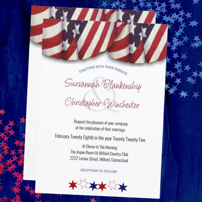 Einladung von Patriotic Red White Blue Bunting and (front and back patriotic bunting wedding invitation)