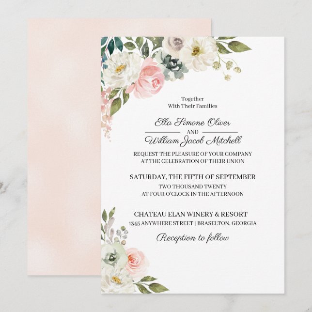 Einladung von Peach & Green Floral Wedding (Vorne/Hinten)