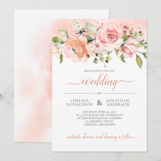Einladung von Peach und Green Floral Wedding (Vorne/Hinten)