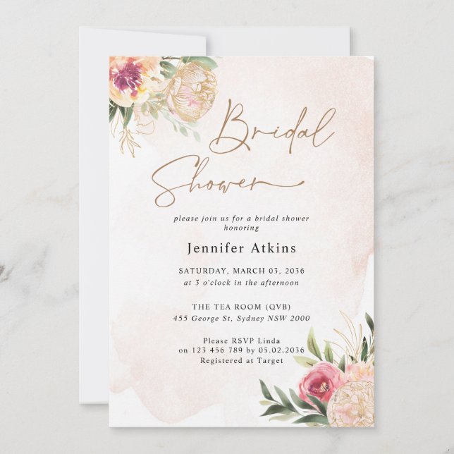 Einladung von Peony and Gold Blume Bridal Dusche (Vorderseite)