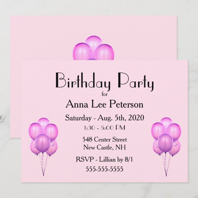 Einladung von Pink Balloons (Vorne/Hinten)