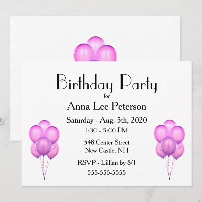 Einladung von Pink Balloons (Vorne/Hinten)