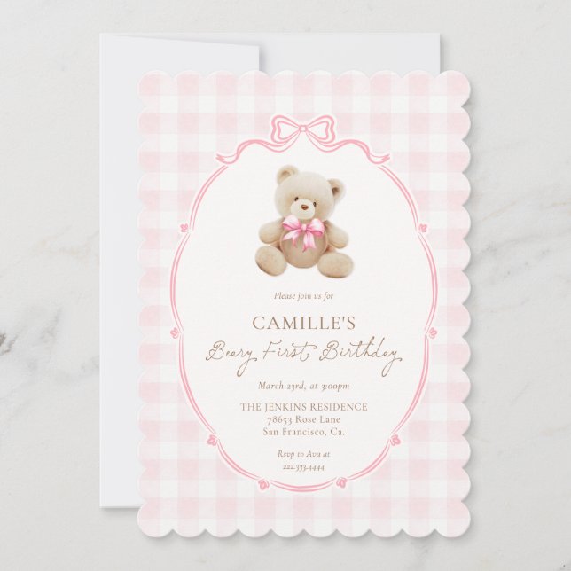 Einladung von Pink Beary zum ersten Geburtstag (Vorderseite)