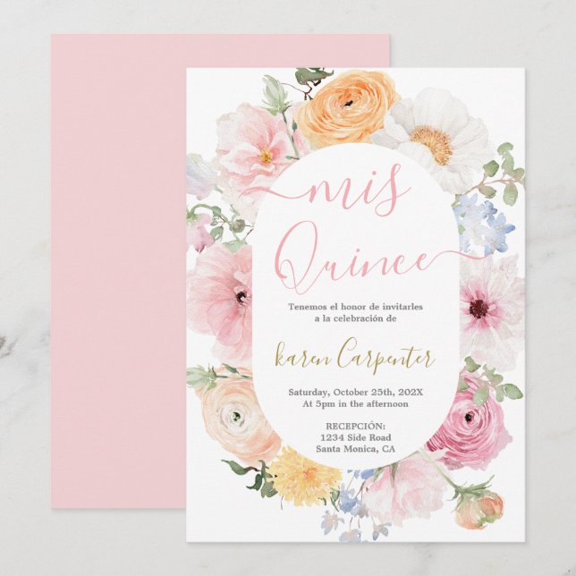 Einladung von Pink Floral Quinceanera (Vorne/Hinten)