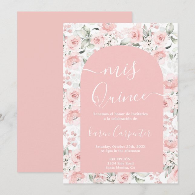 Einladung von Pink Floral Quinceanera (Vorne/Hinten)
