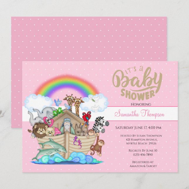 Einladung von Pink Noahs Ark Baby Shower (Vorne/Hinten)