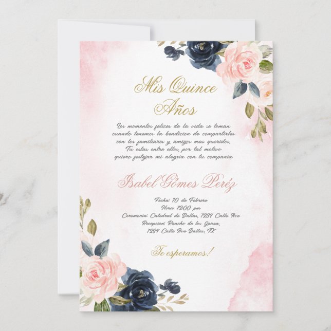 Einladung von Pink Rose Quinceanera ins Spanische (Vorderseite)