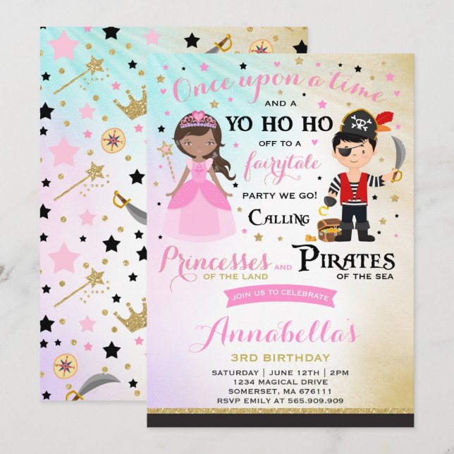 Einladung von Prinzessin und Pirate zum Geburtstag (Vorne/Hinten)