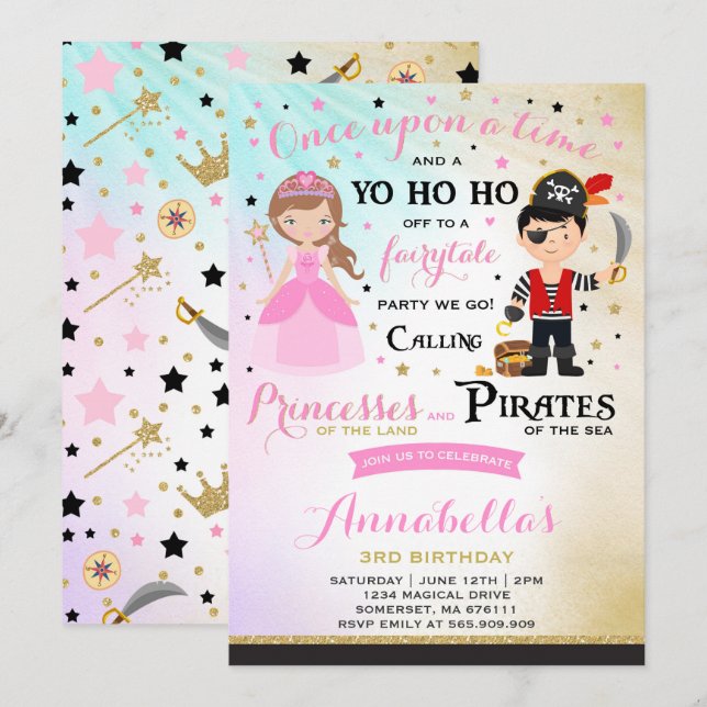 Einladung von Prinzessin und Pirate zum Geburtstag (Vorne/Hinten)