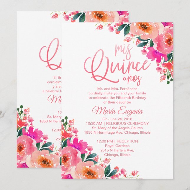 Einladung von Quinceanera Bilingual Hot Pink Flora (Vorne/Hinten)