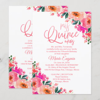 Einladung von Quinceanera Bilingual Hot Pink Flora