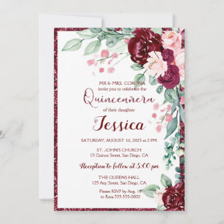 Einladung von Quinceanera Burgundy Red Floral Glit