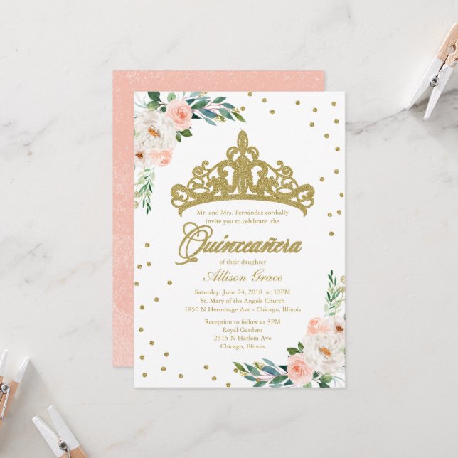 Einladung von Quinceanera Gold Tiara und Rosa Blum (Vorderseite/Rückseite Beispiel)