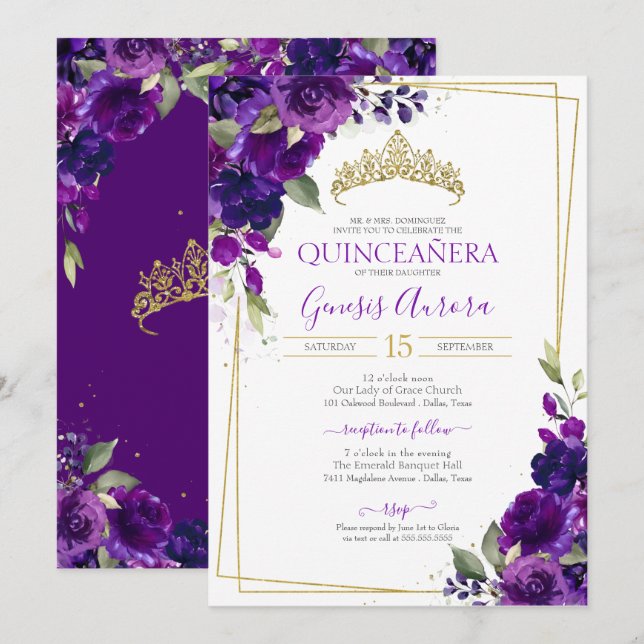 Einladung von Quinceañera Lila Watercolor (Vorne/Hinten)