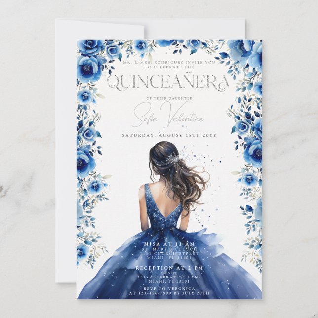 Einladung von Quinceañera Royal Blue Floral Prince (Vorderseite)