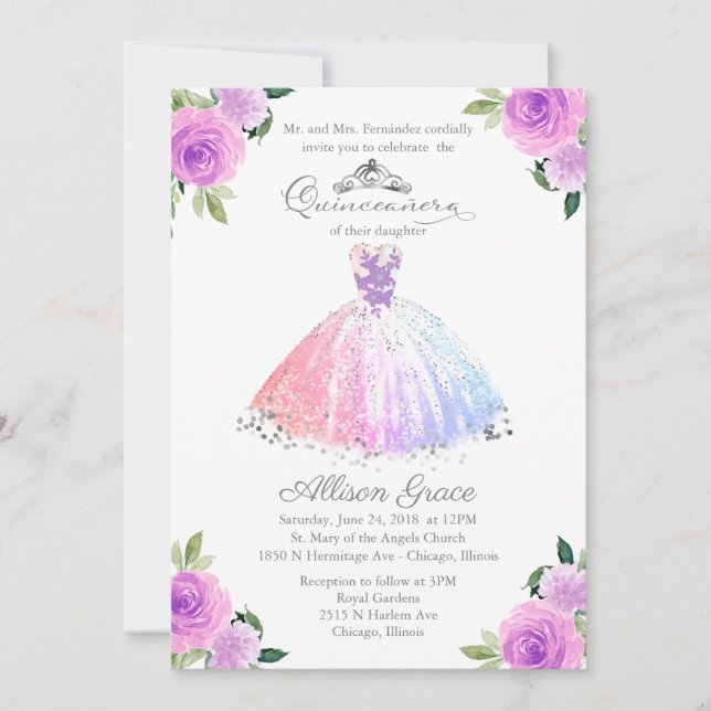Einladung von Quinceanera zu zweisprachigen Pastel (Vorderseite)