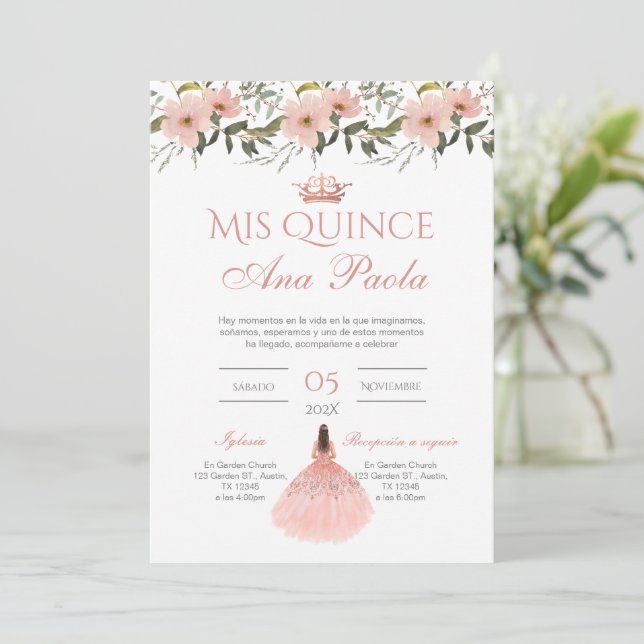 Einladung von Quinceñera in Spanisch Rosa (Stehend Vorderseite)