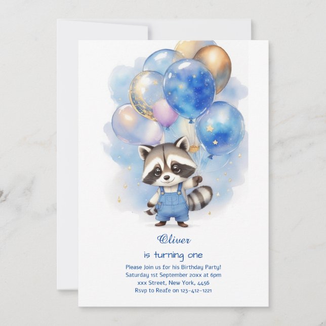 Einladung von Raccoon zum ersten Geburtstag (Vorderseite)