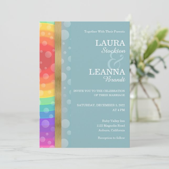 Einladung von Rainbow und Gold zur Hochzeit (Stehend Vorderseite)