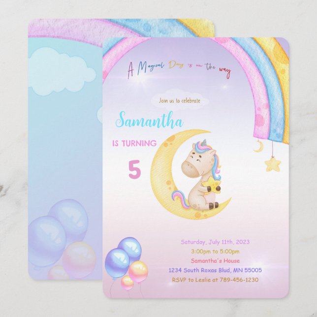 Einladung von Rainbow Unicorn (Vorne/Hinten)