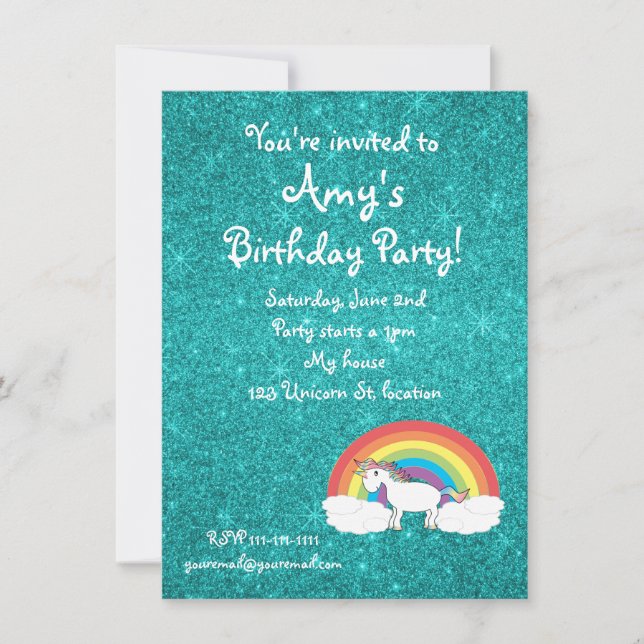 Einladung von Rainbow-Unicorn-Türkis-Glitzer (Vorderseite)