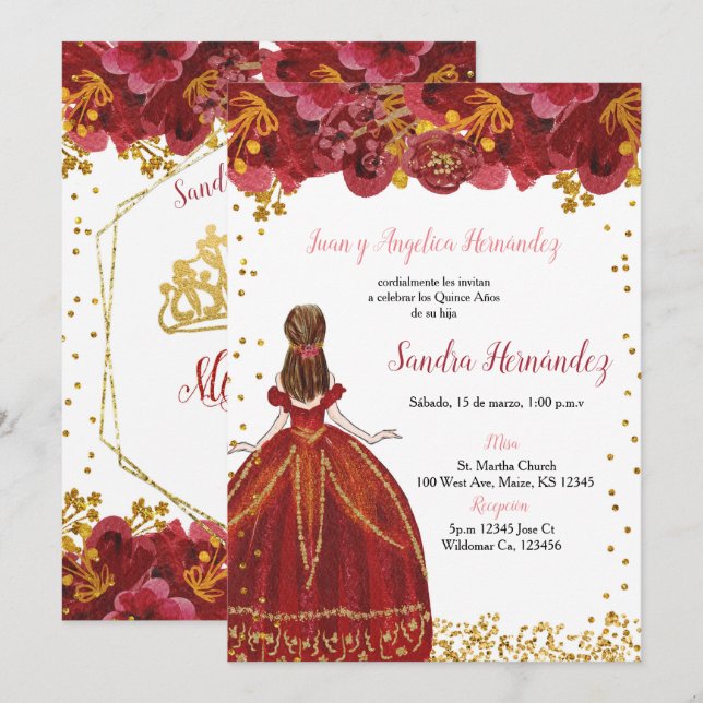 Einladung von Red and Gold Quinceañera (Vorne/Hinten)